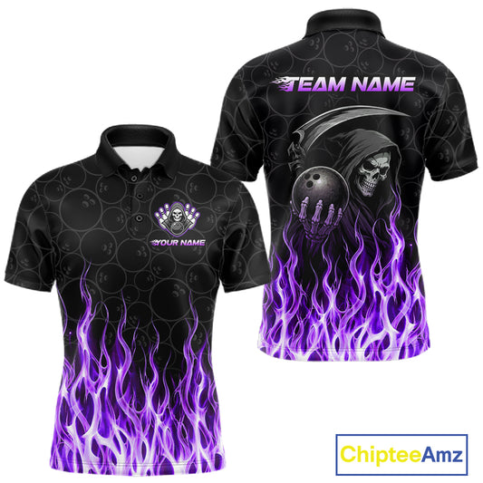 Front and back view of custom purple fire flame Grim Reaper skull bowling men’s polo shirt