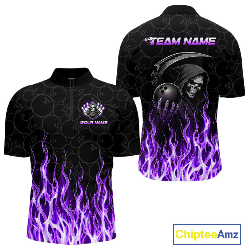 Front and back view of custom purple fire flame Grim Reaper skull bowling quarter zip shirt for men