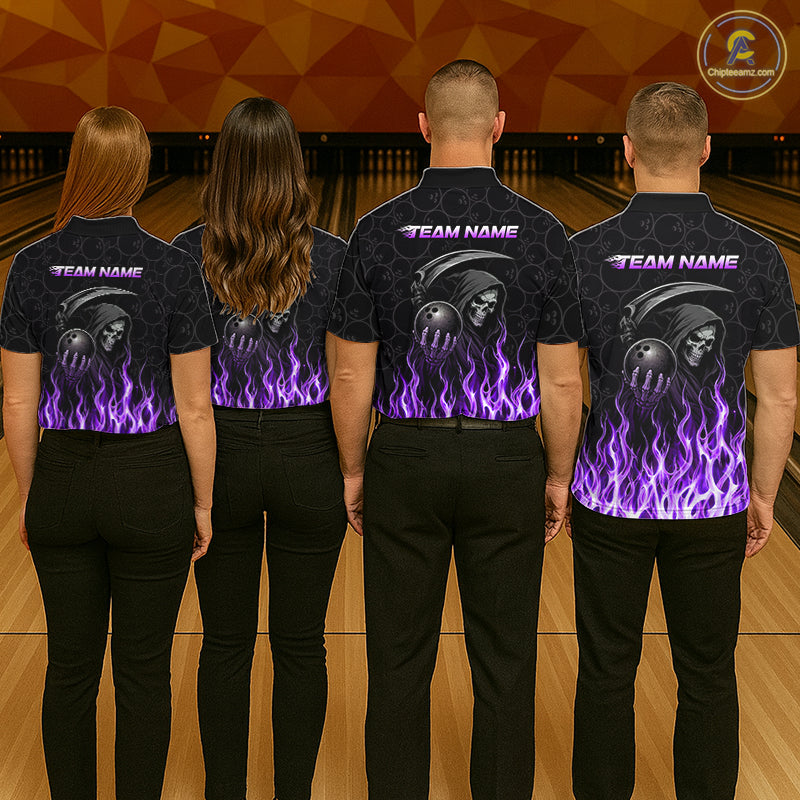 Bowling team wearing matching custom purple fire flame Grim Reaper skull bowling jerseys with personalized names - back view