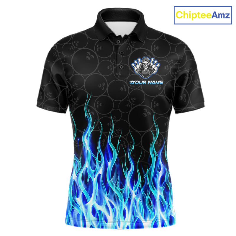 Front view of custom blue fire flame Grim Reaper skull bowling men’s polo shirt