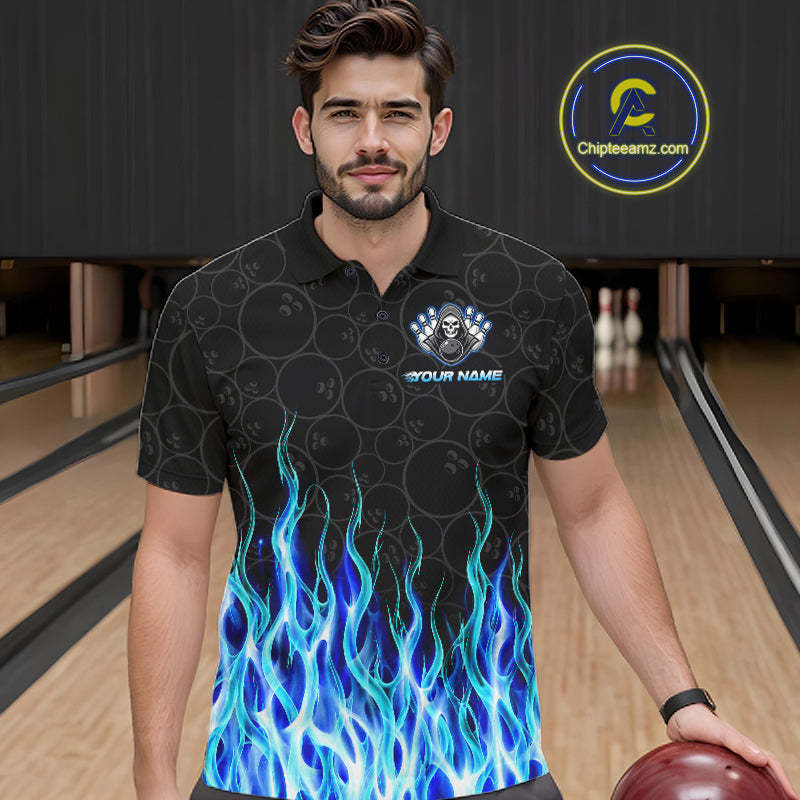 Bowler wearing custom blue fire flame Grim Reaper skull bowling shirt on the lanes