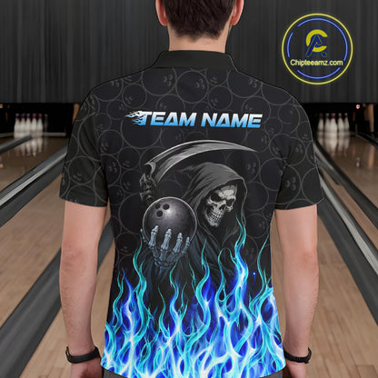 Back view of custom blue fire flame Grim Reaper skull bowling polo shirt for men