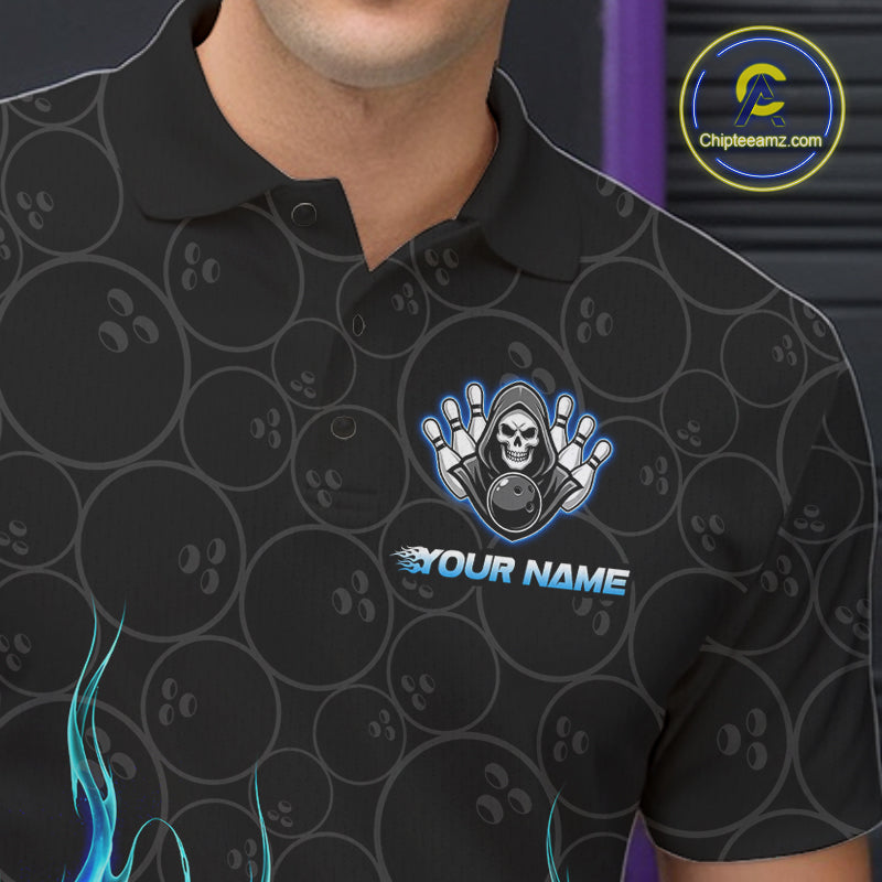 Close-up of blue fire flame Grim Reaper skull print on custom bowling shirt
