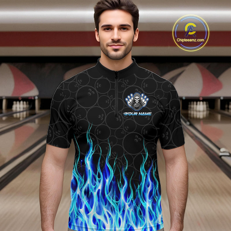 Front view of custom blue fire flame Grim Reaper skull bowling quarter zip shirt for men