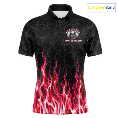 Front view of custom red fire flame Grim Reaper skull bowling men’s polo shirt