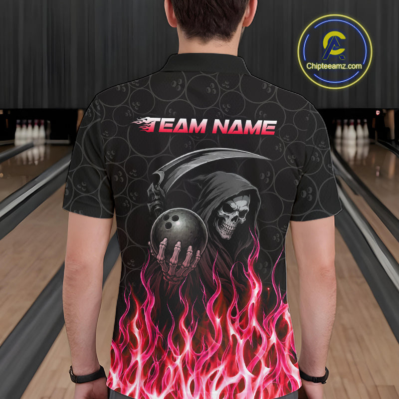 Bowler wearing custom red fire flame Grim Reaper skull bowling shirt on the lanes - back view