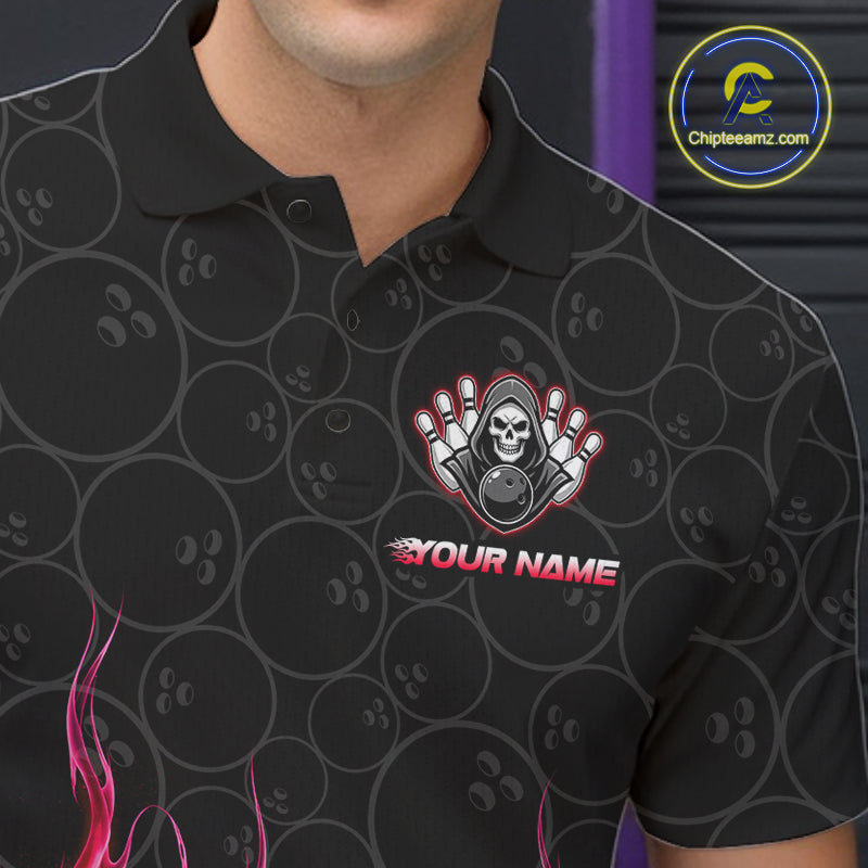 Close-up of red fire flame Grim Reaper skull print on custom bowling shirt