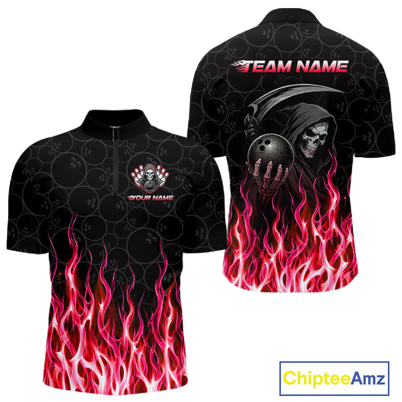 Front and back view of custom red fire flame Grim Reaper skull bowling quarter zip shirt for men