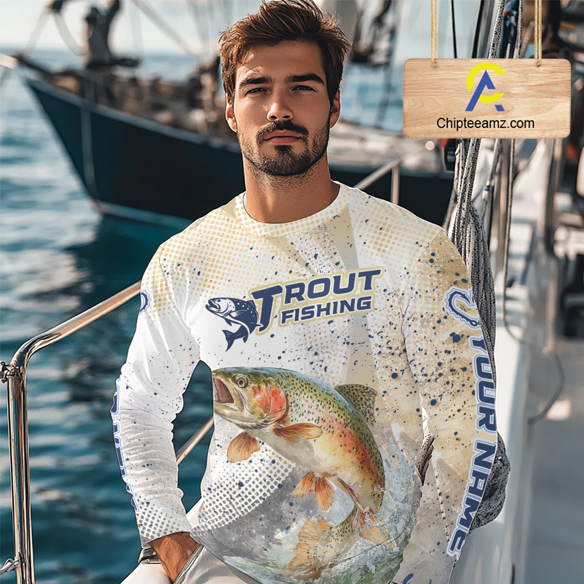 Rainbow Trout Fishing Shirts Long Sleeve Gray Beige Camo, Trout UPF Fishing Shirts NBT414