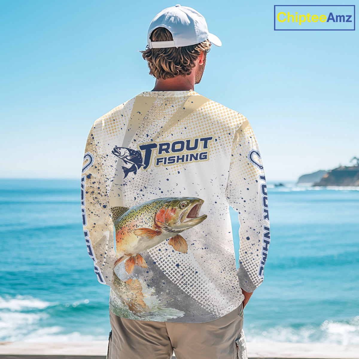 Rainbow Trout Fishing Shirts Long Sleeve Gray Beige Camo, Trout UPF Fishing Shirts NBT414