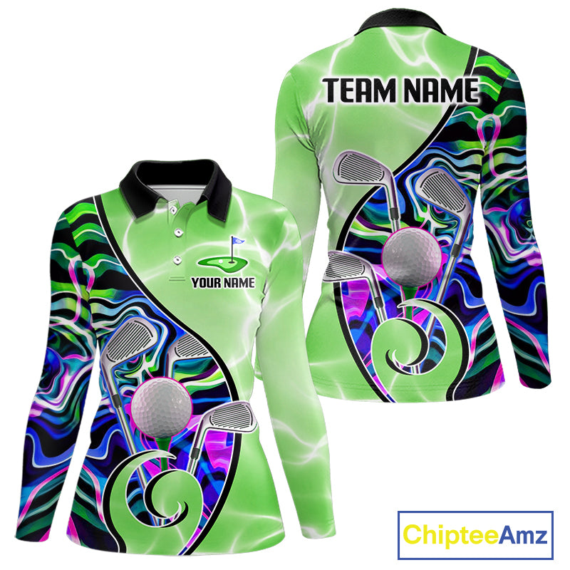 Womens Golf Polo Shirt Holographic Marble Golf Pattern For Team, Golf Attire For Women|Green NBT725