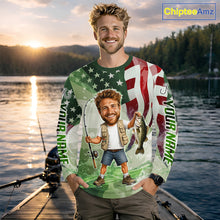 Load image into Gallery viewer, Custom Photo Funny Bass Fishing Shirts Long Sleeve American Flag For Men, Funny Bass Fishing Team|Green NBT731