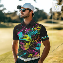 Load image into Gallery viewer, Man wearing Golf Skull Graffiti Golf Polo Shirt on golf course, streetwear skull graffiti design, tailored fit breathable polyester, custom team shirt