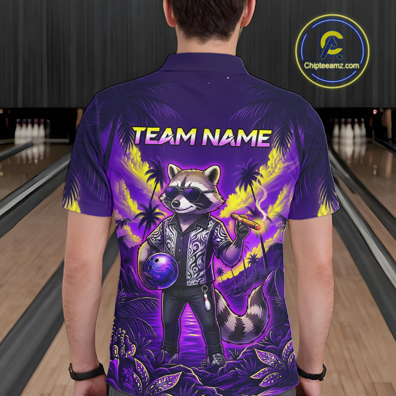Bowler wearing funny cool raccoon bowling ball blue tropical team shirt on the lanes - back view