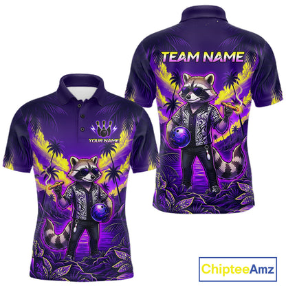 Front and back view of funny cool raccoon bowling ball shirt for men in blue tropical team polo style