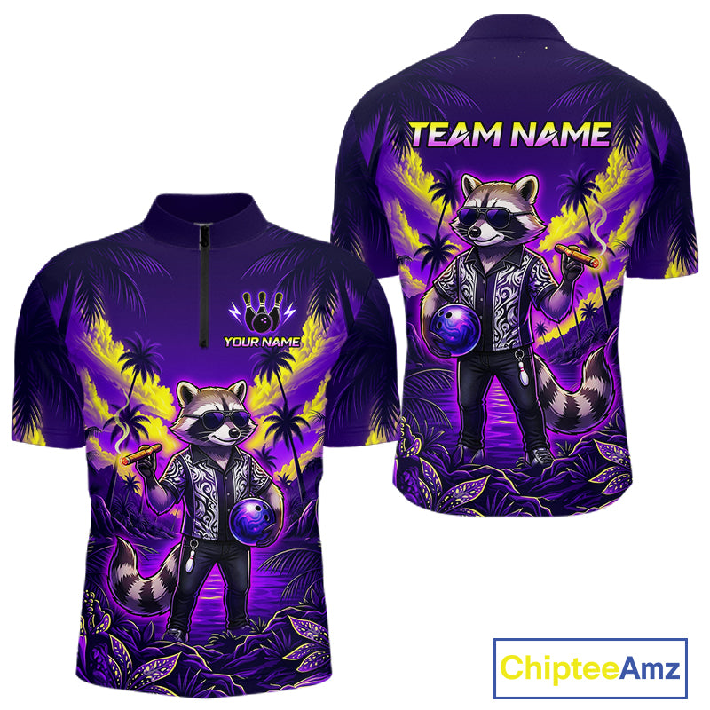 Front and back view of funny cool raccoon bowling ball blue tropical team quarter zip bowling jersey for men