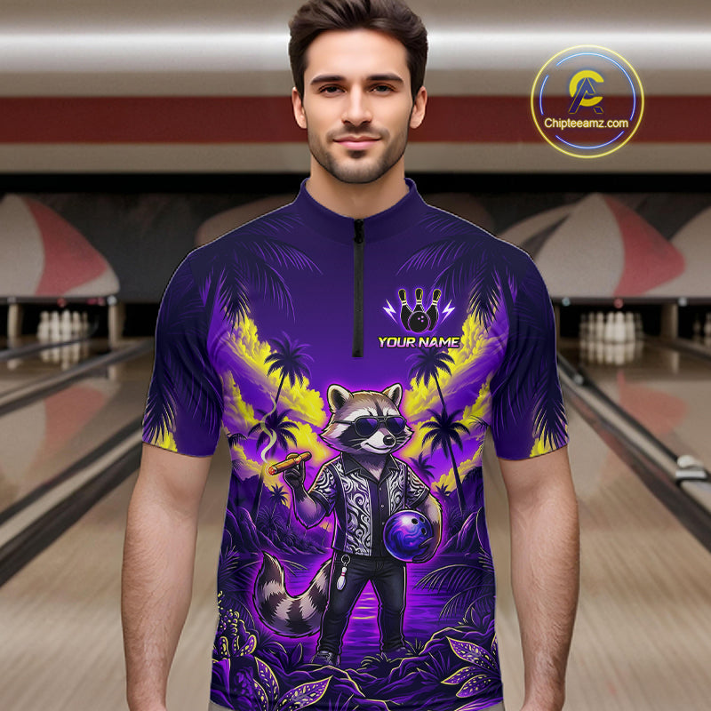 Bowler wearing funny cool raccoon bowling ball blue tropical 1/4 quarter zip shirt on the lanes