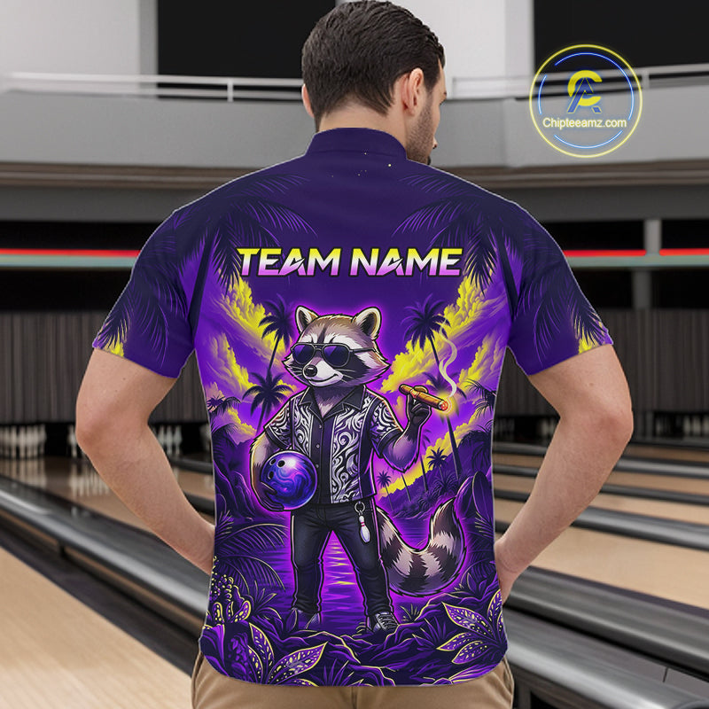 Bowler wearing funny cool raccoon bowling ball blue tropical shirt on the lanes - back view