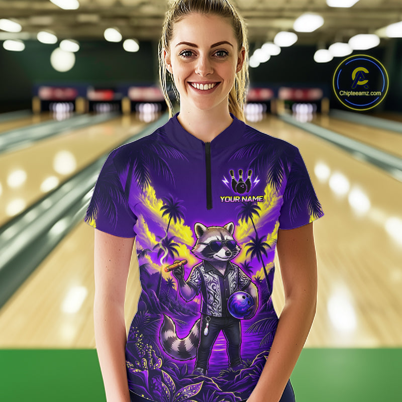 Funny Cool Raccoon Bowling Ball Shirt For Women Custom Blue Tropical Team Jersey Bowling League NBT903