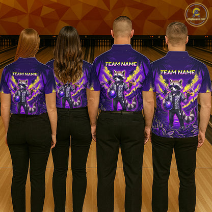 Bowling league team wearing matching funny cool raccoon blue tropical jerseys with personalized names