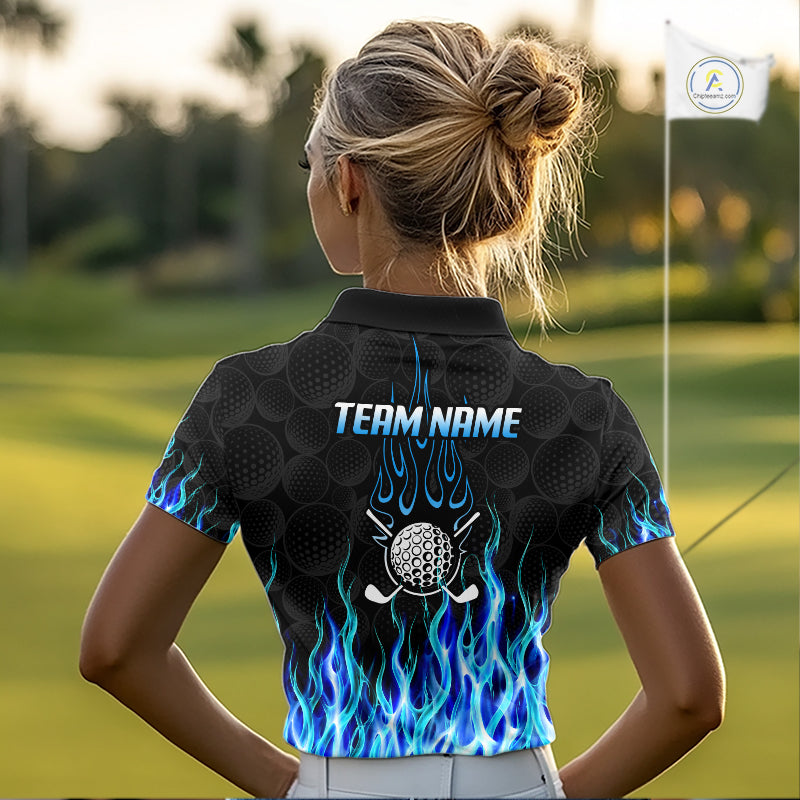 Model wearing golf polo shirt blue flame pattern, breathable cotton fabric on golf course