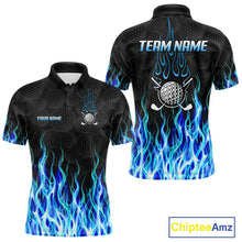Load image into Gallery viewer, Mens golf polo shirt blue flame pattern - front and back view, custom name available