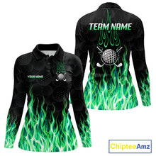 Load image into Gallery viewer, Womens long sleeve golf polo shirt front and back view, custom team name, tailored fit for perfect golf swing