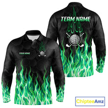 Load image into Gallery viewer, Mens golf polo shirt green flame pattern - front and back view, custom name available