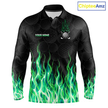 Load image into Gallery viewer, Mens golf polo shirt green flame pattern - front view, custom name available