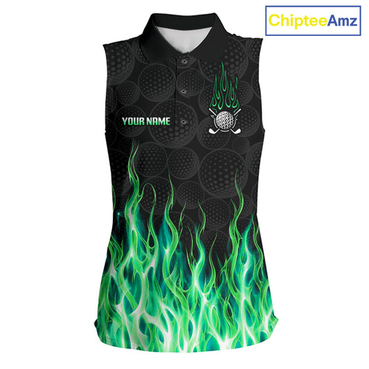 Womens sleeveless golf polo shirt green flame pattern - front view, custom name available