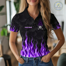 Load image into Gallery viewer, Model wearing golf polo shirt purple flame pattern, breathable cotton fabric on golf course