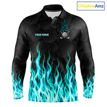 Load image into Gallery viewer, Golf Balls Turquoise Flame Pattern Mens Golf Polo Shirts Custom Name Golf Clothes For Men Golfing NBT834