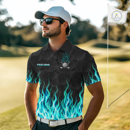 Model wearing golf polo shirt turquoise flame pattern, breathable cotton fabric on golf course
