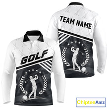 Load image into Gallery viewer, Golf team wearing matching black white golf player pattern polo shirts, custom name &amp; team name, tailored fit
