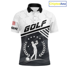 Load image into Gallery viewer, Mens golf polo shirt black white golf player pattern - front view, custom name available