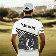 Load image into Gallery viewer, Model wearing golf polo shirt black white golf player pattern, breathable cotton fabric on golf course
