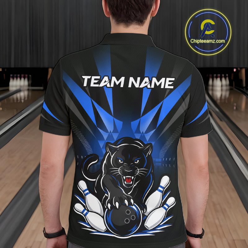 Bowler wearing custom black and blue leopard bowling polo team jersey on the lanes - back view 