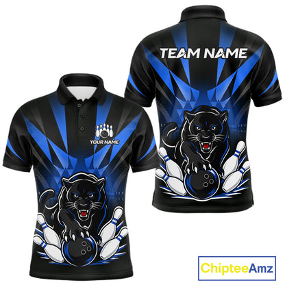 Front and back view of custom black and blue leopard bowling men’s polo team jersey