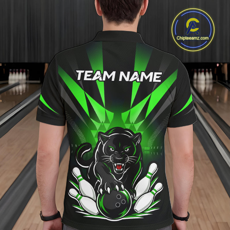 Bowler wearing custom black and blue leopard bowling polo team jersey on the lanes - back view