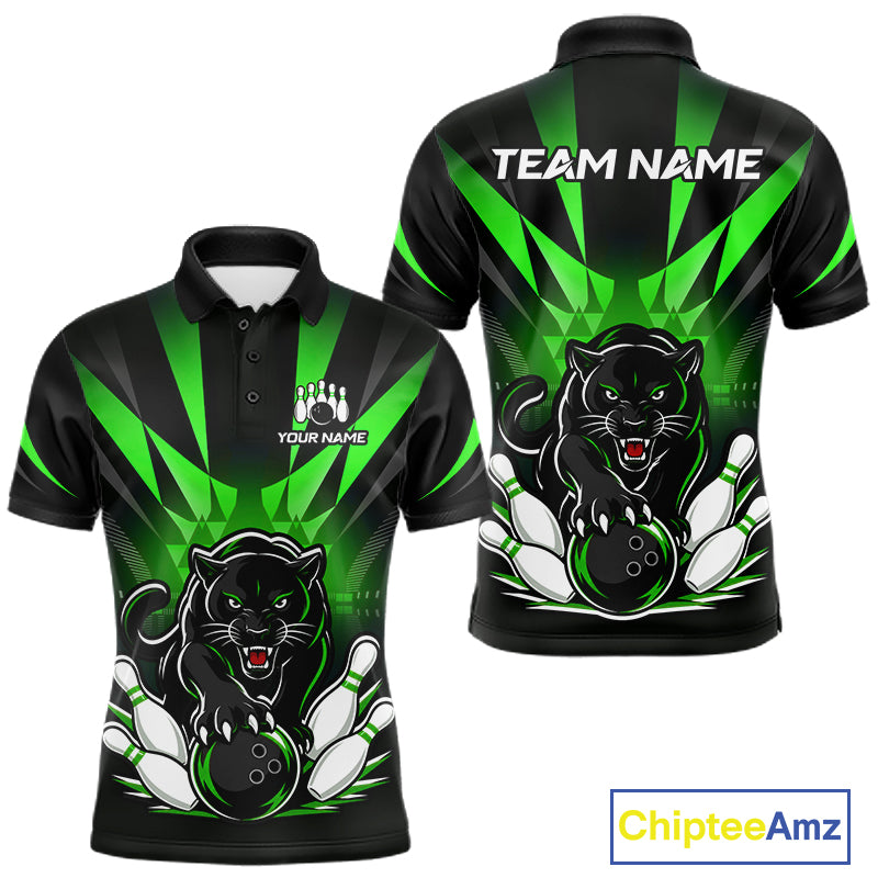 Front and back view of custom black and green leopard bowling men’s polo team jersey