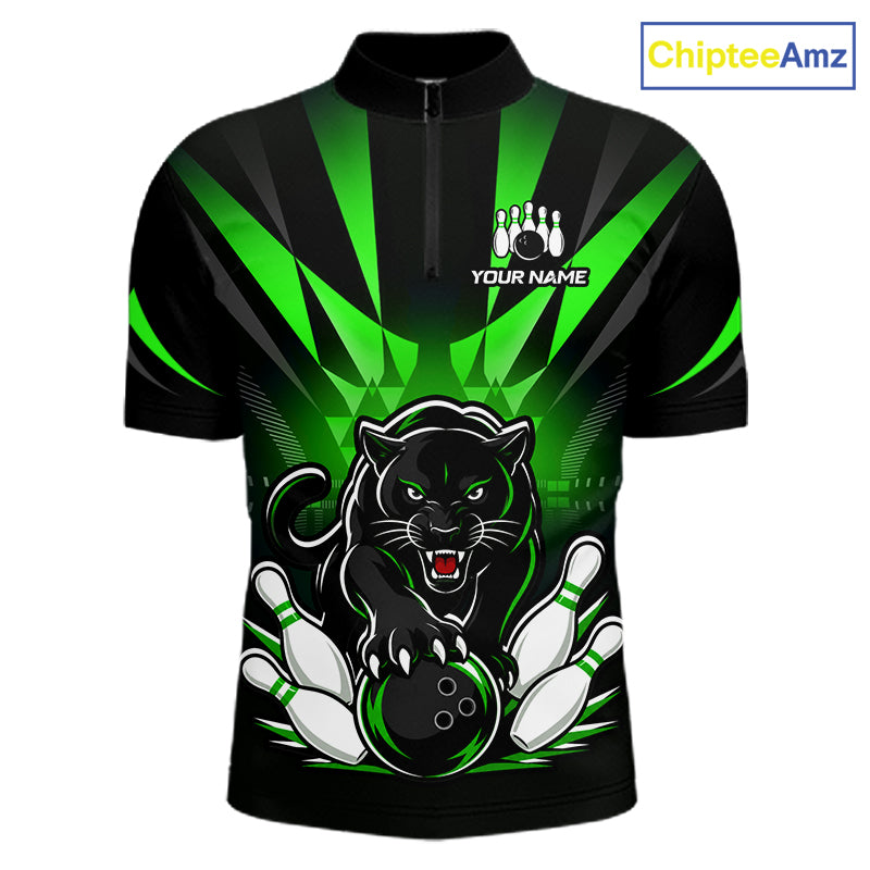 Front view of custom black and green leopard bowling men’s quarter-zip team shirt