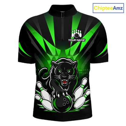 Front view of custom black and green leopard bowling men’s quarter-zip team shirt
