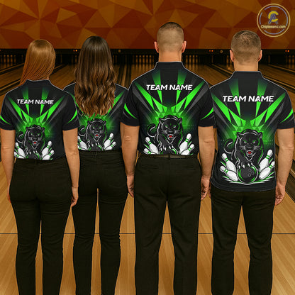 Bowling team wearing matching custom black and green leopard bowling jerseys with personalized names - back view