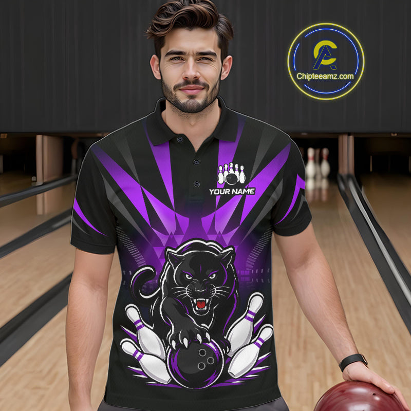 Bowler wearing custom black and purple leopard bowling polo team jersey on the lanes