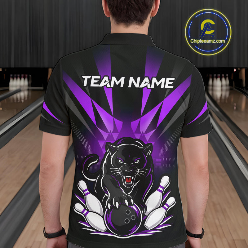 Bowler wearing custom black and purple leopard bowling polo team jersey on the lanes