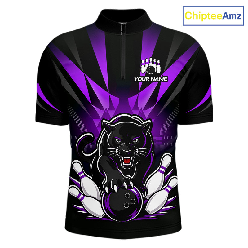 Front view of custom black and purple leopard bowling men’s quarter-zip team shirt