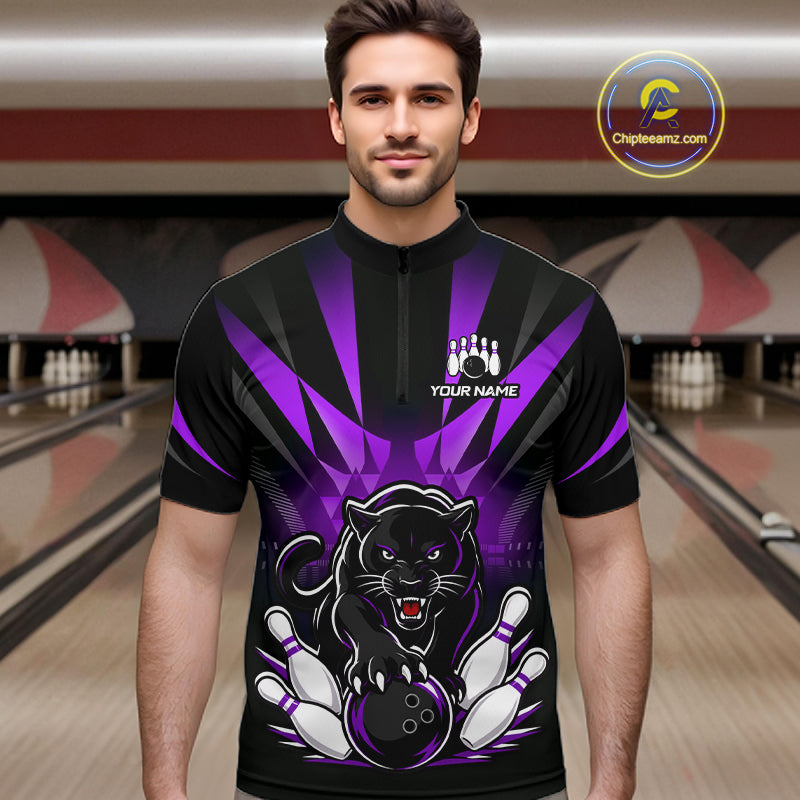Bowler wearing custom black and purple leopard bowling 1/4 quarter zip team jersey on the lanes
