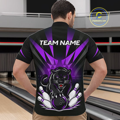 Bowler wearing custom black and purple leopard bowling 1/4 quarter zip team jersey on the lanes