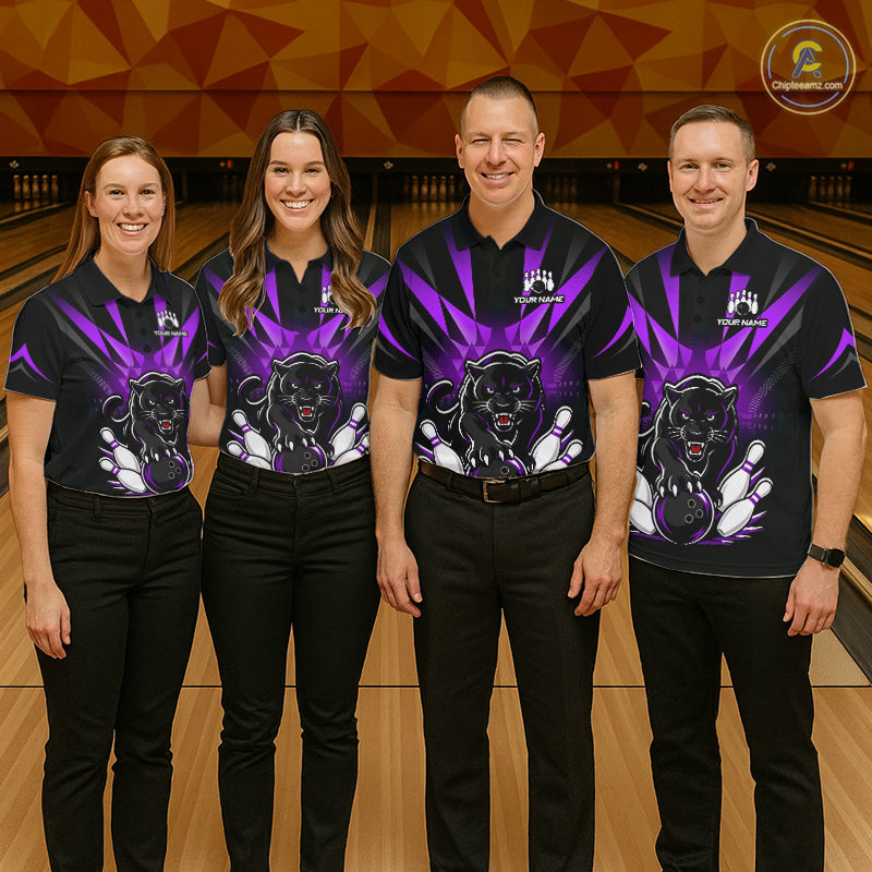Bowling team wearing matching custom black and purple leopard bowling jerseys with personalized names
