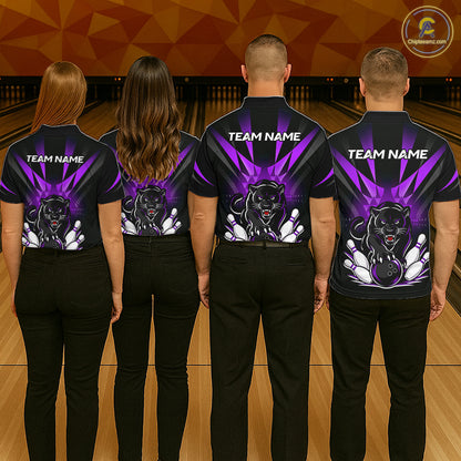 Bowling team wearing matching custom black and purple leopard bowling jerseys with personalized names - back view